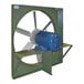A blue and silver Canarm industrial wall fan.