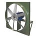 A large green industrial fan with a blue motor.