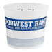 A white plastic Midwest Rake mixing container with blue text.