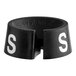 A black rubber ring with white text that says "S"