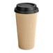 A brown paper cup with a black lid.