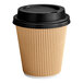 A brown Choice paper cup with a black lid.