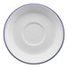 A white porcelain saucer with a blue rim.