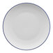 A white porcelain coupe plate with a blue band around the rim.