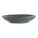 A grey stoneware bowl with specks and a black rim.