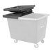 A large grey Royal Basket truck bin with a black hinged lid open.