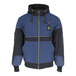 A navy blue and black RefrigiWear insulated sweatshirt jacket with a hood and zipper.