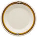 A white melamine plate with a wide rim featuring a rope design in yellow and brown.
