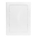 A white rectangular Oatey plastic access panel with a small hole in the middle.