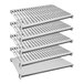 A row of white Cambro Camshelving® Elements shelves with metal posts.
