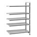 A Cambro metal shelf with four shelves on a white background.