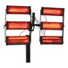A red Vestil 6-panel infrared industrial heater on a pole with two red lights.