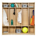 A Flash Furniture wood school locker with tennis equipment in it.