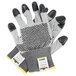 A pair of Cordova Monarch gray work gloves with black nitrile dots on the palms.
