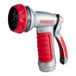A Chapin red and silver metal garden hose nozzle with a brass flow control knob.