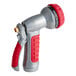 A Chapin Die-Cast Metal 7-Way Premium Insulated Garden Spray Nozzle with red and silver colors and a red rubber grip.