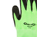 A close-up of a pair of Cordova Hi-Vis Lime HPPE gloves with black foam nitrile palm coating.