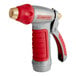 A red and silver Chapin metal garden spray nozzle with a red rubber grip.