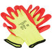 A pair of small Cordova yellow cut-resistant gloves with red foam nitrile coating.
