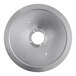 A circular stainless steel blade with holes in it.