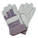 A pair of Cordova warehouse gloves with red and blue striped canvas and leather palms.