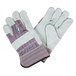 A pair of Cordova warehouse gloves with red and blue striped canvas and leather palms.