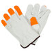 A pair of Cordova white leather gloves with orange fingertips and stitching.