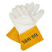 A pair of white leather Cordova Welder's gloves with yellow leather cuffs.