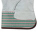 A pair of Cordova canvas work gloves with green and pink stripes and leather palms.