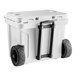 A white CaterGator outdoor cooler with black wheels.