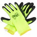 A pair of small Cordova warehouse gloves with black foam latex palm coating and black and yellow trim.