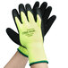 A pair of Cordova Cold Snap Hi-Vis green loop-in terry gloves with black foam latex palm coating.