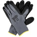 A pair of Cordova small black and gray work gloves with black sandy palm coating.