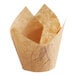 A Baker's Mark unbleached natural Kraft tulip baking cup with a tulip shaped design on brown paper.