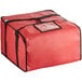 A red Choice insulated pizza delivery bag with black straps and zippers.