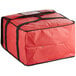 A red insulated Choice pizza delivery bag with black straps and a zipper.