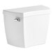 A white Zoeller Qwik Jon toilet tank with a silver handle and lid on top.
