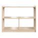 A wooden open storage unit with 1 shelf and 2 storage compartments.