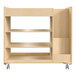 A Flash Furniture wooden mobile storage cart with vertical and horizontal compartments on wheels.