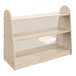 A Flash Furniture wooden double-sided storage unit with clear plastic dividers on each shelf.