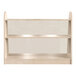 A Flash Furniture wooden double-sided storage unit with clear plastic dividers on two shelves.