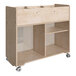 A Flash Furniture wooden shelf on wheels with clear back and locking casters.