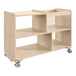 A Flash Furniture wooden mobile storage cart with clear bins on wheels.