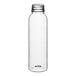 A 12 oz. clear plastic round juice bottle with a black lid.