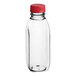 A 12 oz. Square Milkman PET Clear Juice Bottle with Red Lid.