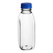 A clear plastic 12 oz. Square Milkman PET juice bottle with a blue lid.