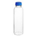 A clear plastic juice bottle with a blue cap.