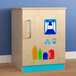 A Flash Furniture wooden children's play refrigerator with a wooden door and stickers on it.