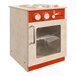 A Flash Furniture wooden children's play kitchen stove with a red and glass door.