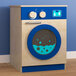 A Flash Furniture wooden toy washing machine with a blue door.